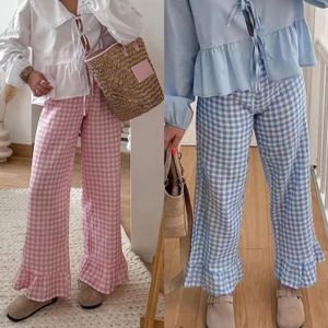Zaaura Summer Women French Vintage Sweet Checker Drukowane elastyczne wysokie paski mikro szalone swobodne spodnie 240524