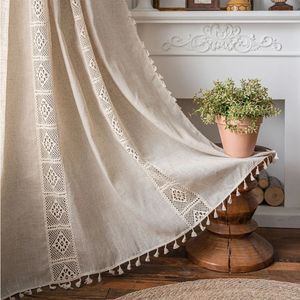 Linen Blending Jute Lace Curtains Road Pocket Shade Curtain Tassel for Kitchen Bedroom Living Room Bay Window Cabinet Curtain 240520