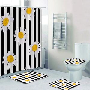 Duschgardiner chic daisy blommor gardin set svartvita ränder blomma badrum mattan för toalettmatta