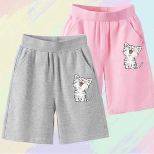 Shorts Girls wearing summer shorts childrens thin cotton five point pants childrens cartoon cat print sports breathable shorts Y240524