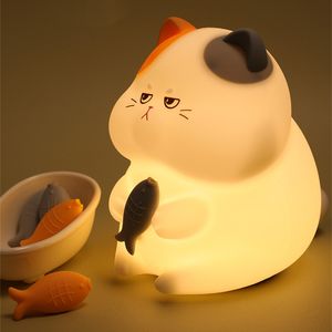 Lâmpada de gato fofo LED Night Light Cartoon Kitten Peixe 7 colorido Lâmpada de mesa Presentes para bebê, quarto e silicone luz