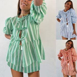2024 NY INS -stil kvinnors europeiska och amerikanska modehorts Set Beach Leisure Lace Stripe Short Sleeve Shorts Set