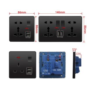 Universal 18W Fast Type C Wall 220V Power Plug, UK Black 13A Socket Switch, painel de soquete de parede elétrica com carregador USB