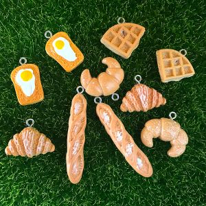 10pcs śniadaniowa żywica chlebowa płaskie urok Kawaii róg i gofrowe bagietka urok jedzenia do kolczyka biżuteria majsterkowicz Make W36