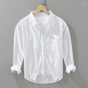 Camisas casuais masculinas Camisa de linho de algodão comprido para homens sem salto Moda de moda Roupas brancas