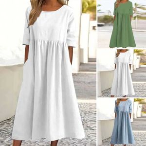 Basic Casual Dresses 2023 Spring Women Cotton Linen Maxi Dress Summer Casual Short Slve O Neck Sundress Female Vintage Pockets Loose Long Robe T240523