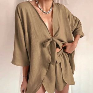 Women's Two Piece Pants Simple Casual Solid Womens Two Piece Sets Fashion Loose Homewear Outfit Summer Sexy Dp V Lace Up Top with Shorts Pajama Suits T240523
