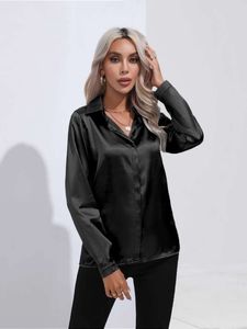 Frauen mit einzelnen Breasted Long Sleeve Shirts Frühlings Sommer-Seidenhemd Büro Satin Satin Turndown Kragen Casual Blusen