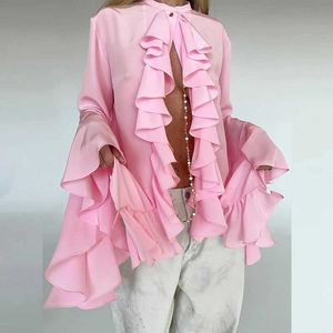 Bluzki damskie koszule Lady Temperament Tops Spring Fashion Design Ruffle Single Bered Shirt Casual Women O-Neck Blose Bluzki T240523