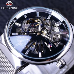 ForSining 2021 Fashion Casual Neutral Design Silver Steel Transparent Case Skeleton Watch Mens Watch Top Brand Luxury Mechanical Watch 259w