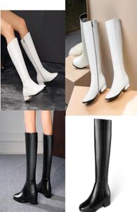 Designer Over Knee Boots Large Size Square Toe Low Heel Black White Premium Fall Winter Side Zipper PU High Quality Boots5607999