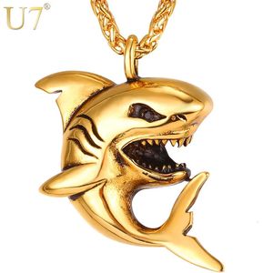 U7 Big Shark Pendant Necklace Men rostfritt stål smycken rock punk ocean havshalsband 240522