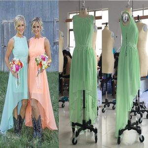 New Beach Chiffon Bridesmaid Dresses Lace Crew Neck High Low Western Country Summer Cheap Plus Size Formal Party Prom Dresses 211D