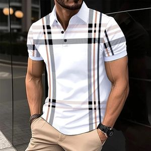 Business Mens Polo Shirt Casual Summer Short Sleeves Tops Plaid Pattern Print Button T Loose Clothes Fashion Golf Shirts 240513