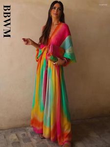 Casual Dresses Women 2024 Tie Dye Long Dress Pleated Loose Summer Beach Woman Semi Sheer Chic Female