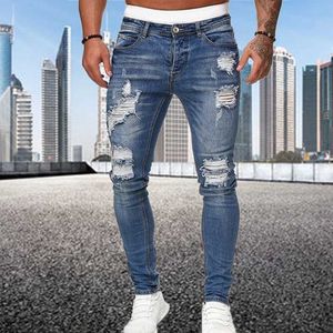 Men's Jeans Fashionable Street Style Tear Tight Jeans Mens Vintage Wash Solid Denim Trouser Mens Casual Slim Fit Pencil Denim Pants Hot Selling Q240523