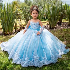 2024 Lyxig blå blommaflicka klänningar barn födelsedagsklänning illusion ren nacke långa ärmar applicerade pärlspetsbåge tiered tyllboll klänning för äktenskap F100