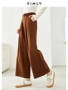 Vimly Winter Warm Baggy Pant Women Office Lady Lady gerade weites Bein lose Hosen in voller Länge mit Gürtaschen 16377 240513