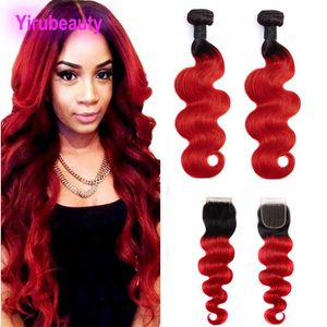 Indian Raw Human Hair Body Wave 1B/Red 2 Bundles With 4X4 Lace Closure With Baby Hair Free Middle Three Part 1b Red Body Wave 3 Pieces/ Qsqa