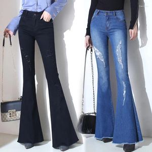 Kvinnors jeans kvinnors byxor klockbotten kvinnor länge sträcker flare för flickor byxor kantade stor storlek