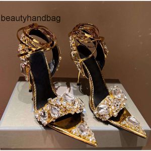 Tom Fords decoratefine sewn crystal 101mm highheeled sandals luxury hand gold winding bandage pointed toe womens designers street style shoes pure factory fo LYLH