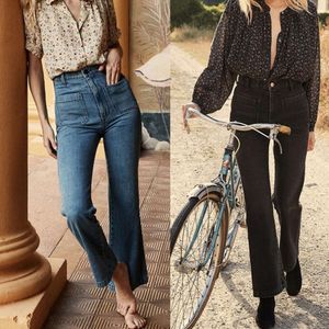 24SS SPRING DESPARTER DENIM JEANS TRENDY FASHION الجينز الجينز الجينز المرن مع جيوب جيب مزدوجة وسروال ساق عريض للنساء للنساء