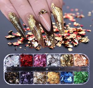 12 Gitternagel -Pailletten Paillette Aluminium unregelmäßige Flocken Gold Silber Pigment Nail Art Dekoration Spiegel Glitter Folie Paper5282623