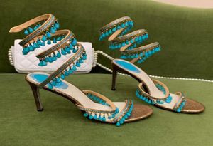 Sandalet turkuaz sandaletler rene caovilla lüks kristal lamba kolye rhinestone twining ayak yüzüğü yüksek topuklu tasarımcı ayakkabılar üst Qu2912349