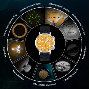 Logo/nome uomini automatici personalizzati guardano orologio da polso meccanico immersioni super luminose orologi personalizzati impermeabili 20 atm