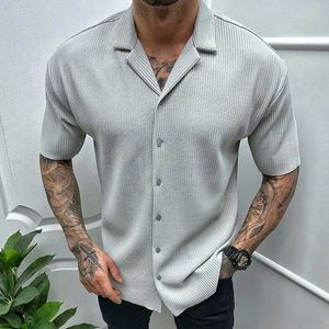 Street trend summer solid cardigan short sleeved mens standing collar button patch work casual American fashion version thin top 240522