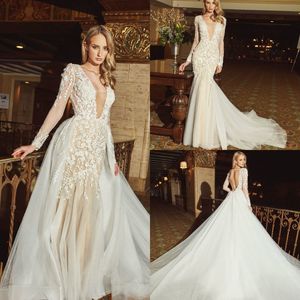 Calla Blanche 2019 Mermaid Wedding Dresses with detachable train V Neck Long Sleeves Lace Bridal Gowns Backless Beach Boho Wedding Dres 273v