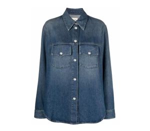 2024 Vintage Lightweight Denim Shirt Double Pocket Khaite Washed Outwear Women Stand Collar Single Breasted