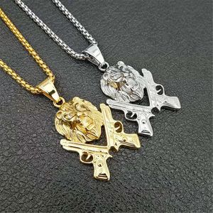 Gun Charms Head Lion Halsband Rock Punk Style Men/Women Jewelry 14K Gold Lion Chain Necklace Pendant