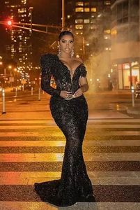 Prom Dresses Evening Gown Party Mermaid Trumpet Formal Custom Zipper Lace Up Plus Size Black Sequins One-Shoulder Long Sleeve Sequined Lace