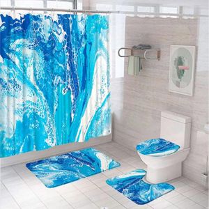 Занавески для душа синий белый мраморная занавесная набор ванная комната без скольжения коврик для коврика с пьедесталом крышка крышки туалета прочная ткань домашний декор