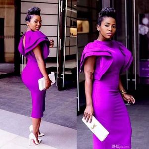 ROBE DE BAL Courte Africano High Neck Purple Prom Cocktail Dress 2019 Combate comprimento de chá Arábio Vestidos de noite vestidos de boné Mangas 2246