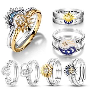 Casal anéis de 2 peças Conjunto de anel 925 Lua de jóias de prata e sol anéis de sol como wifes dia dos namorados presente dos namorados 2-em 1 Declaração banda S2452455