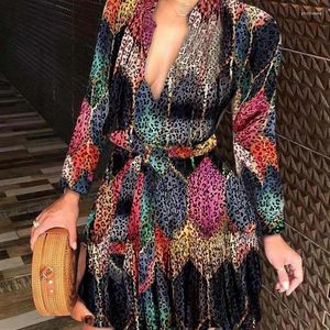 Casual Dresses 2024 Autumn/Winter Long Sleeved V-neck Strap Fashion Sexy Printed Dress Women's Board