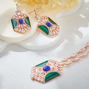 Designer Collection Style Dinner Party Jewelry Sets Inlay Pyriform Cubic Zircon Malachite Rhombus Pendant Plated Gold Long Necklace Earrings