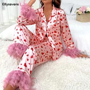 Coloque caseiro de pijamas femininas conjuntos de primavera outono de 2 peças de pijama pijama faux cetim de seda cetim de manga longa pijama mujer