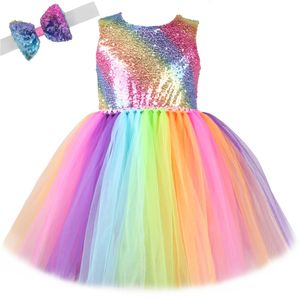 Rainbow cekin księżniczka sukienka dziewczyna bez rękawów bez pleców sukienka wieczorowa sukienka tutu sukienka dziecięca ubrania vestido dziecięce ubrania 240520