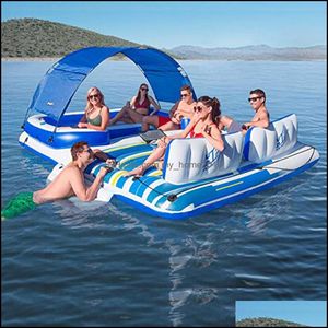 Brinquedo de inflação do ar grande inflável de 6 pessoas piscina de lago rio Tropical Breeze Party Island Float Boat Swimming Floats Bed With Sun Canop OTF03