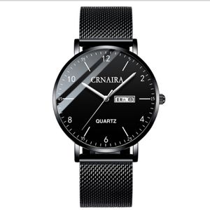 CRNAIRA Black Steel Mesh Band Quartz Mens Watches Lysande kalender titta på stora tre händer casual affärsstylaktig man armbandsur 225w