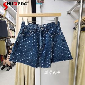 Saias de costura irregular A-line jeans mini calntskirt feminino 2024 coreana na cintura alta polca-ponto curto harajuku y2k roupas