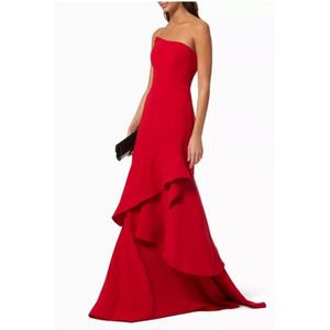 Elegant Long Sleeveless Red Crepe Evening Dresses Mermaid Strapless Ruffled Pleated Sweep Train Zipper Back Prom Dresses for Women