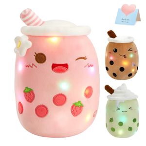 26-38 cm Lâmpada LED Vaca Boneca de chá de chá de pelúcia verde rosa macio macio, travesseiro de arremesso de morango de morango Garota de aniversário 240514