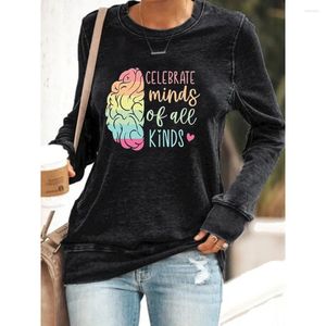Women's T Shirts Rheaclots Celebrate Minds Of All Kinds Brain Print Long Sleeves Sweatshirt