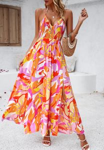 2024 Summer Cotton Floral Print Women's Beach Dresses Strap Split Slim Casual Long Woman's Dress BKWD24006