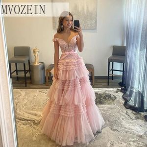 Party Dresses Puffy Pink Prom Dress Layers Formal Off The Shoulder Evening Long Lace Beading