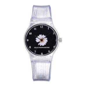 작은 데이지 젤리 시계 학생들 여자 여자 귀여운 만화 크리 산산이 실리콘 시계 투명 밴드 핀 버클 손목 시계 251y